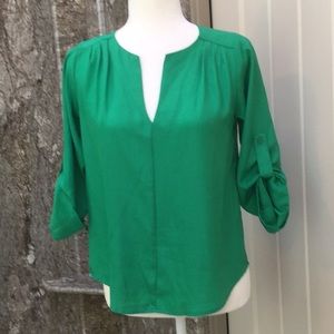 Emerald green, v-neck, roll sleeve dress blouse
